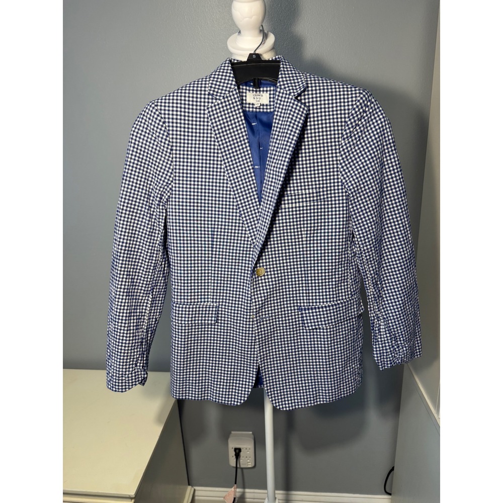 Crown & Ivy Kids Blue White Gingham Seersucker Blazer Jacket Size 14